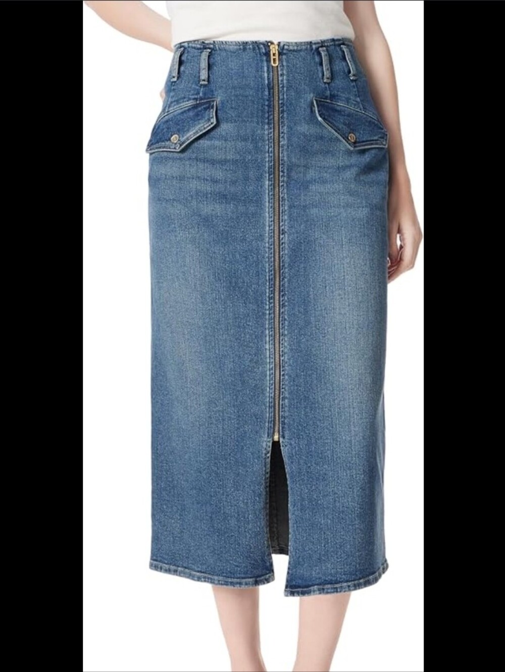 Front-Zip Midi Denim Skirt in Medium Blue